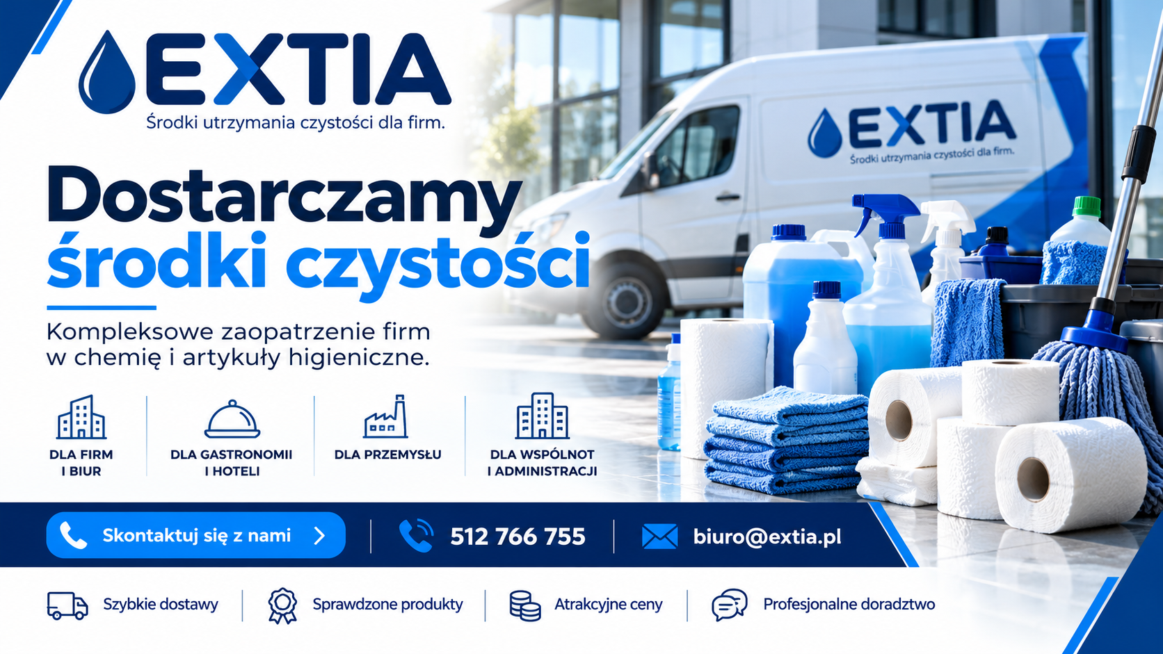 Extia — dostarczamy środki czystości dla firm, biur, gastronomii, przemysłu i wspólnot. Telefon 512 766 755, biuro@extia.pl.